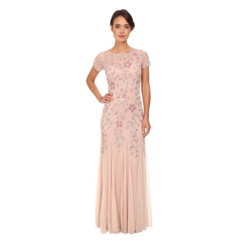 Adrianna Papell Floral Beaded Godet Gown Light Pink